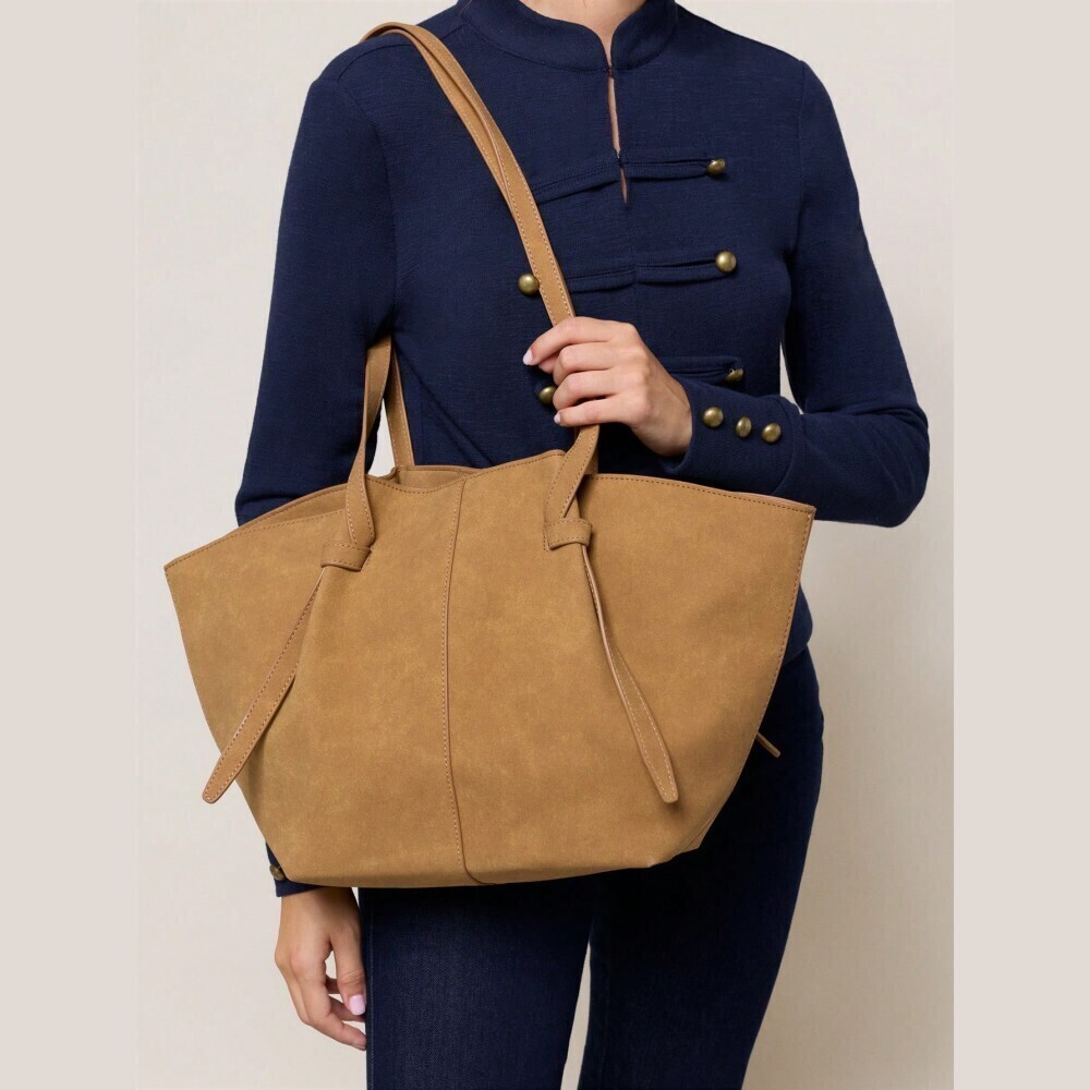 Tan Faux Suede Knotted Strap Slouchy Shoulder Tote Bag